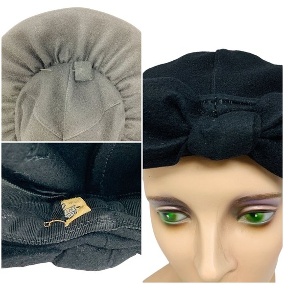 Vintage 1940s Black Wool Round Bow Hat With Arrow Brooch Details main image 14